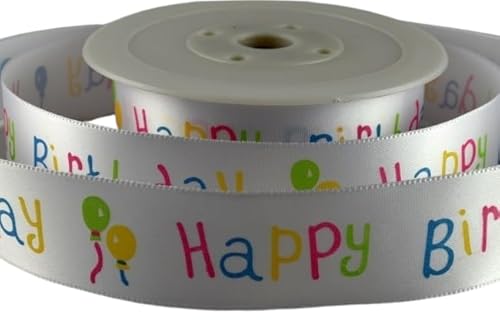 5 Meter x 25 mm Happy Birthday Satinband - Weiß mit buntem Text & Ballon-Druck - für Geschenkverpackung, Dekoration, Party usw von LARRYROO