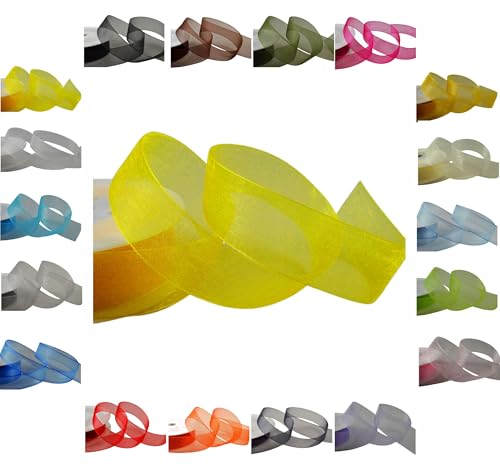 50 m/25 m Rolle luxuriöses Organzaband mit gewebten Rändern, 3 mm, 9 mm, 15 mm, 25 mm, 40 mm (Gelb, 25 mm x 25 m) von LARRYROO