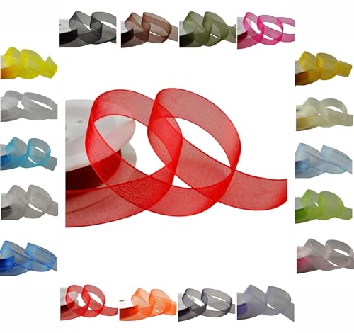 50 m/25 m Rolle luxuriöses Organzaband mit gewebten Rändern, 3 mm, 9 mm, 15 mm, 25 mm, 40 mm (Rot, 25 mm x 25 m) von LARRYROO