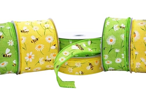 Band mit Drahtkante, 25 mm, 38 mm, 63 mm breit, gewebt, für Frühling, Sommer, Hummel und Blumen, Gelb oder Grün, 5 m x 25 mm Band mit Drahtkante, 25 mm, 38 mm, 63 mm breit, gewebt, für Frühling, Sommer, Hummel und Blumen, Gelb oder Grün, 5 m x 25 mm von LARRYROO