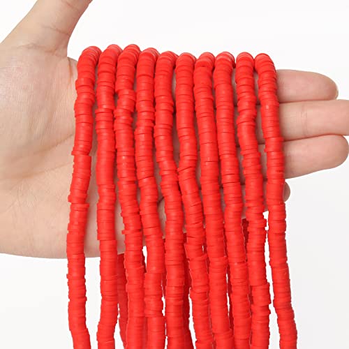 Rote Tonperlen mit 1 elastischen Schnur zur Herstellung von Armbändern, 10 Stränge, flache, runde Polymer-Ton-Perlen, Abstandshalter, Heishi-Perlen für Schmuckherstellung, DIY-Armbänder, Kunst und von LASOFAMERE