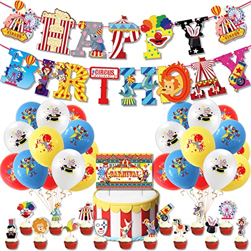 LATERN 43 Stück Zirkus Ballons Banner Set, Alles Gute zum Geburtstag Banner, Großer Kuchenaufsatz, 24 Stück Zirkusballons, 15 Stück Cupcake Topper - für Karnevals Zirkus Geburtstagsparty Dekoration von LATERN