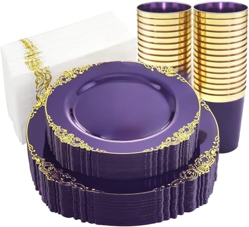 LATERN 100 Stück Mehrweg Lila und Gold Plastikgeschirr, 25 x 26CM Speiseteller, 25 x 19CM Salatteller, 25 x 300ml Tassen, 25 x 42CM Servietten für 25 Gäste Hochzeit Jubiläum Garten Party LATERN 100 Stück Mehrweg Lila und Gold Plastikgeschirr, 25 x 26CM Speiseteller, 25 x 19CM Salatteller, 25 x 300ml Tassen, 25 x 42CM Servietten für 25 Gäste Hochzeit Jubiläum Garten Party von LATERN
