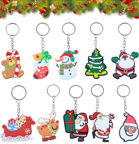 LATERN 100 Stück Weihnachts Schlüsselanhänger, 10 Stile Cartoon Weihnachtsmann Schneemann Weihnachtsbaum Strumpf Schlüsselanhänger für Weihnachts Geschenke Weihnachts Dekoration von LATERN