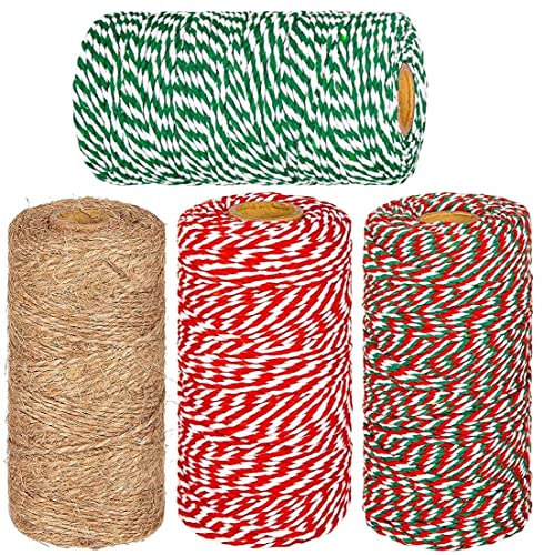 LATERN 4 Stück Weihnachts-Juteschnüre und Baumwollschnur Rollen, 1312 Fuß Rot Weiß Grün Baumwollschnur Juteschnur Wickelseil Schnur für Weihnachten DIY Basteln Weihnachtsgeschenke Geschenke Backen von LATERN