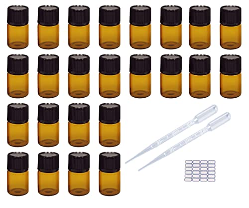 LATRAT 24 Glasflaschen mit schwarzem Deckel, transparente Flaschen für ätherische Öle, Aromatherapie, Duftöle, ätherische Öle (2 ml) – mit Kleber und Tropfen von LATRAT