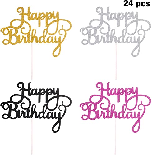 LATRAT 24 Stück Cake Topper, Cake Topper Happy Birthday, Topper Gold Tortenstecker Alles Gute zum Geburtstag Cupcake Glitter Deko für Motto Party Torte Dekoration- 4 Farben von LATRAT