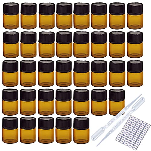 LATRAT 36 Glasflaschen mit schwarzem Deckel, transparente Flaschen für ätherische Öle, Aromatherapie, Duftöle, ätherische Öle (1 ml) - mit Kleber und Tropfen von LATRAT