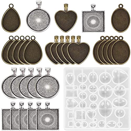 LATRAT Silikonharz Gießformen Schmuck Machen Epoxidharz Giessformen Epoxidharz Formen, 30 Stück Anhänger Tabletts Set Rund & Quadratisch & Herz & Tropfen & Oval Mini Metall Cabochon Lünette (Tablett) von LATRAT