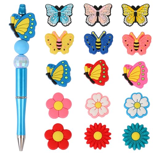 LATUMCO 15 Stück Silikon-Perlen in Schmetterlingsform für DIY-Schmuckherstellung – abnehmbare Perlen für Halskette, Armband und Schlüsselanhänger (buntes Schmetterlings- und Blumendesign) von LATUMCO