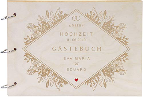 LAUBLUST Fotoalbum & Gästebuch aus Holz personalisiert mit Gravur - Florale Raute Motiv | natur, A4 Format - Geschenk zur Hochzeit von LAUBLUST