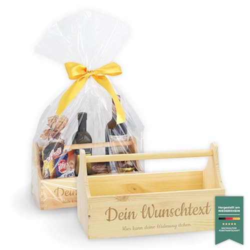 LAUBLUST Geschenkkorb aus Holz leer Personalisiert - Präsentkorb mit Wunsch-Gravur zum Befüllen als Geschenk Korb für Weihnachten Silvester - 34x18x20 cm | Werkzeugkiste Natur, FSC® | Männerhandtasche von LAUBLUST