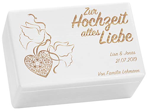 LAUBLUST Holzkiste zur Hochzeit - Turteltauben - Geschenkkiste Personalisiert mit Gravur - ca. 30x20x14cm, Weiß, FSC® von LAUBLUST