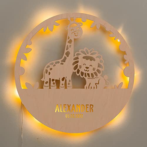 LAUBLUST Nachtlicht Kinderzimmer Personalisiert - Löwe & Giraffe - 30x0,4 cm - Natur - Wandlampe Holz - Baby Einschlafhilfe - Wandleuchte Kinderzimmer von LAUBLUST