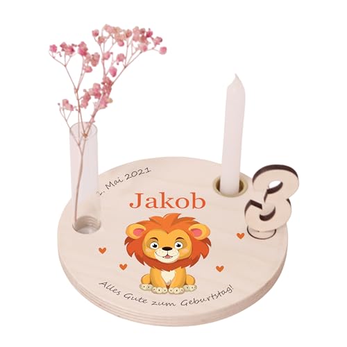 LAUBLUST Personalisierter Geburtstagsteller aus Holz mit Kerzenhalter, Vase & Zahlen - Geburtstagsdeko mit Namen - Löwe Motiv | Ø16.5 cm, Natur - Geburtstagstisch - 1. Geburtstag Kinder Geschenk LAUBLUST Personalisierter Geburtstagsteller aus Holz mit Kerzenhalter, Vase & Zahlen - Geburtstagsdeko mit Namen - Löwe Motiv | Ø16.5 cm, Natur - Geburtstagstisch - 1. Geburtstag Kinder Geschenk von LAUBLUST