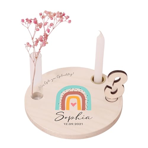 LAUBLUST Personalisierter Geburtstagsteller aus Holz mit Kerzenhalter, Vase & Zahlen - Geburtstagsdeko mit Namen - Regenbogen Motiv | Ø 16.5cm, Natur - Geburtstagstisch - 1. Geburtstag Kinder Geschenk LAUBLUST Personalisierter Geburtstagsteller aus Holz mit Kerzenhalter, Vase & Zahlen - Geburtstagsdeko mit Namen - Regenbogen Motiv | Ø 16.5cm, Natur - Geburtstagstisch - 1. Geburtstag Kinder Geschenk von LAUBLUST