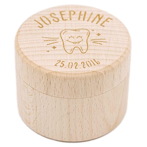 LAUBLUST Personalisierte Milchzahndose mit Namen - Runde Zahnbox mit Zahn Design Gravur | Zahnfee Geschenk für Jungen & Mädchen - Milchzahnbox & Zahndose aus Holz als Andenken für Kinder von LAUBLUST