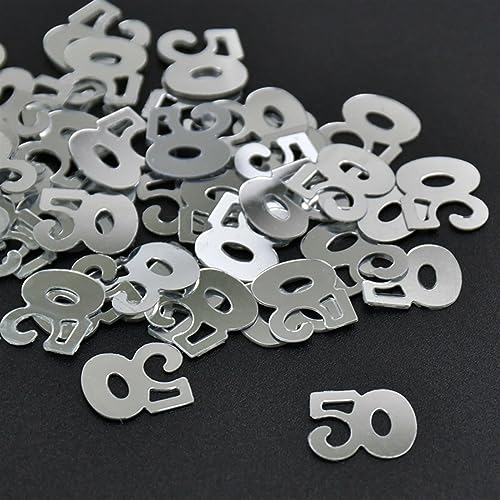 Silberfarbene Zahlenkonfetti-Figur 1, 5, 30, 50, 60, 90, DIY-Geburtstagsparty-Dekorationen, Kinder, Erwachsene, Jahrestag, Geburtstag, Konfetti, Geburtstagsdekoration für Mädchen (Silber 50) von LAUOFSHA