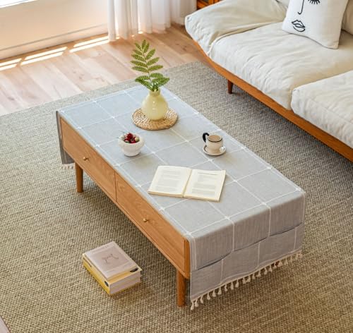 LAVSHOME Moderne Couchtischdecke mit Aufbewahrungstaschen an der Seite, rechteckiger Couchtischbezug mit Quasten, Couchtischläufer für Wohnzimmer, maschinenwaschbar (Grau kariert, 160 x 50 cm (L x B) von LAVSHOME