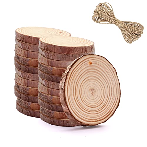 25 Stück Baumscheiben 5-6 cm Naturholzscheiben für Basteldekorationen, kleine unlackierte Holzkreise mit Loch und Schnur für DIY, Basteln, Weihnachtsschmuck, Dekoration von LAXZANT