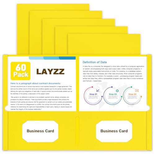 LAYZZ Ordner mit Taschen, 60 Stück, Papiertaschenordner, 2 Taschenmappen, passend für Papier in Briefgröße, für Schule, Büro und Zuhause (Gelb) von LAYZZ