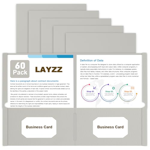 LAYZZ Ordner mit Taschen, 60 Stück, Papiertaschenordner, 2 Taschenmappen, passend für Papier in Briefgröße, für Schule, Büro und Zuhause (Grau) von LAYZZ