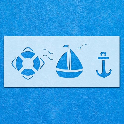 Schablone "Boot Anker Meer", Mylar, Airbrush, Wandkunst, Malerei, Handwerk, 190 Mikron, A2, Schablone, Designgröße (554 x 198 mm) von LAZER NINJA