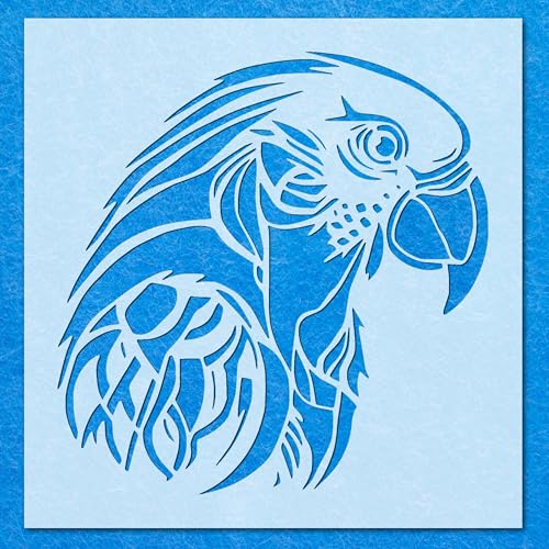 Schablone mit Papageien-Vogelkopf, Mylar-Airbrush-Malerei, Wandkunst Schablone mit Papageien-Vogelkopf, Mylar-Airbrush-Malerei, Wandkunst von LAZER NINJA