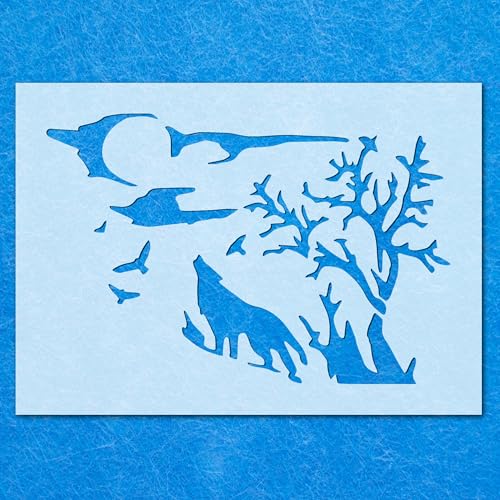 Schablone mit Wolfsvögeln, Baumszene, Mylar, Airbrush, Malerei, Wandkunst, Handwerk von LAZER NINJA