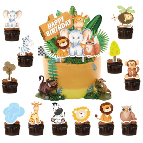 LAjuu 13pcs Zoo Tier Cake Topper, Wald Tiere Happy Birthday Kuchendeko,Tortendeko 1. Geburtstag Tiere,Wald Tiere Happy Birthday Kuchendeko, Cake Topper Animal für Kinder von LAjuu