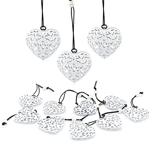 12 x Hänger Herzen Dekohänger Metall Hängedeko (12er Set Anhänger Herz weiß Ornament) von LB H&F