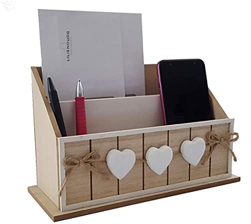 LB H&F Briefablage Papierablage Schreibtisch-Organizer Utensilo Stifteablage Holz Herz 25cm Aufbewahrungsbox Briefe Stifte von LB H&F