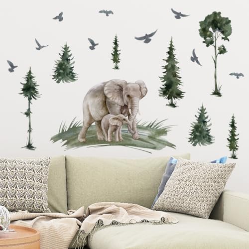 Aquarell Elefant Wandsticker Waldkiefern Vögel Kinderzimmer Wandkunst 116 x 78 cm Aquarell Elefant Wandsticker Waldkiefern Vögel Kinderzimmer Wandkunst 116 x 78 cm von LBHSWWX