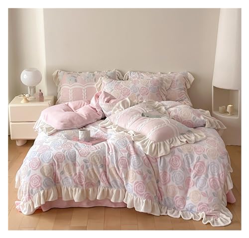 LBRTMED Bettdecken-Set, Queen-Size-Blumendruck, 4-teiliges Set, Bettbezug-Set, doppelseitig, Samt, warmes Set, weiche komplette Bettwäsche (F,King) von LBRTMED
