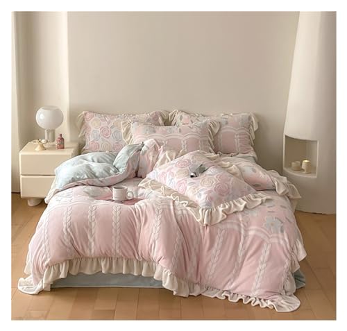 LBRTMED Bettdecken-Set, Queen-Size-Blumendruck, 4-teiliges Set, Bettbezug-Set, doppelseitig, Samt, warmes Set, weiche komplette Bettwäsche (F,King) von LBRTMED