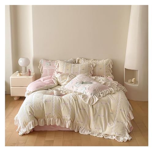 LBRTMED Bettdecken-Set, Queen-Size-Blumendruck, 4-teiliges Set, Bettbezug-Set, doppelseitig, Samt, warmes Set, weiche komplette Bettwäsche (F,King) von LBRTMED
