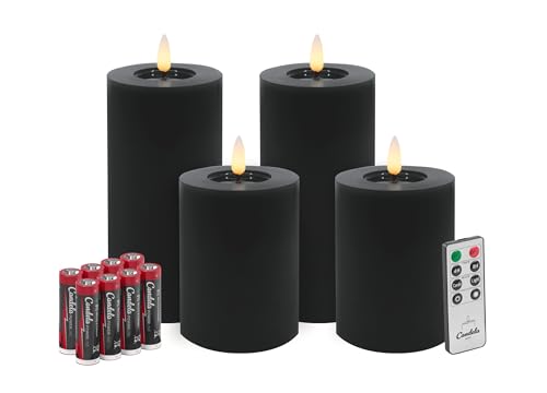 Candela Lights LED Kerzen 4er Set Winter Schwarz Flammenlos Echtwachs inklusive Fernbedienung & Batterien Dimmbar Flammenfunktion von LC Home