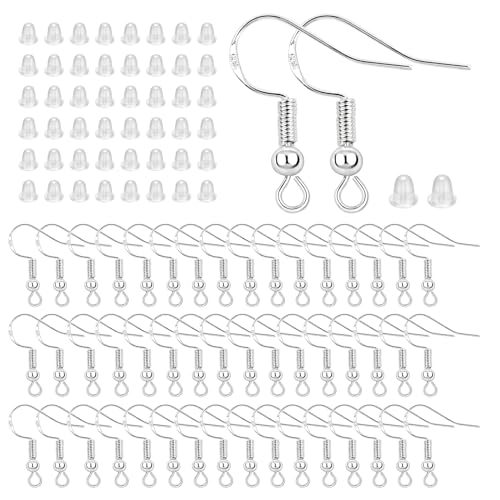 100 Stück/50 Paar Ohrringhaken für die Schmuckherstellung – 925 Silber hypoallergene Ohrringhaken, Ohrringherstellungs-Set, Ohrring-Erkenntnisse, Ohrdraht, Fischhaken mit transparenten von LCCHOLV
