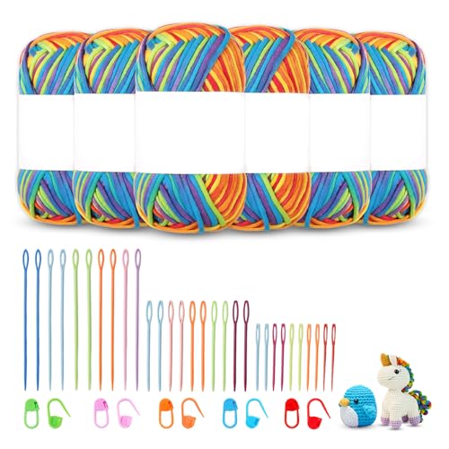 6 Stück Wolle zum Häkeln Nähnadeln und Stecknadeln: Wolle Baumwolle zum Häkeln dicke Wolles geeignet für Anfänger Wolles zum Stricken Häkelgarn Chenille Baumwollgarn zum Häkeln Bunte Streifen von LCUHAVA