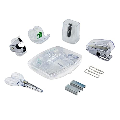 LD Products Transparentes Mini-Bürobedarf-Set mit Schere, Büroklammern, Klebebandspender, Bleistiftspitzer, Hefter und Klammerentferner von LD Products