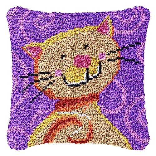 DIY Knüpfhaken-Set Knüpfkissen Zum Selber Knüpfen, Knüpfen Kissen Set Latch Hook Kissen Kit Knüpfteppich Knüpfpackung, Sofakissenbezug Handgemachte Geschenke, 43 × 43 cm, Katze von LDFHOIN