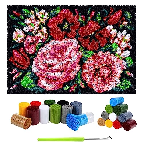 Knüpfteppich Latch Hook Kit DIY Tapisserie Teppich Zum Selber Knüpfen, Knüpfsets Knüpfen Set Kreuzstich Set Teppichherstellungs Handarbeit für Anfänger Erwachsene Kinder, 69x102cm Blume von LDFHOIN