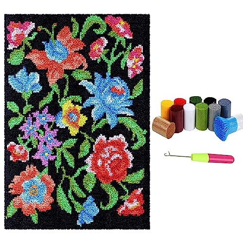 Knüpfteppich Zum Selber knüpfen mit Kissen, Teppich Set mit Werkzeug Knüpfsets Latch Hook Kit für Erwachsene, Knüpfen Teppich Knüpfpackung für Home Decor Geschenke (Blume, 40x60cm) von LDFHOIN