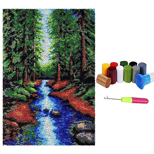 Knüpfteppich Zum Selber knüpfen mit Kissen, Teppich Set mit Werkzeug Knüpfsets Latch Hook Kit für Erwachsene, Knüpfen Teppich Knüpfpackung für Home Decor Geschenke (Wald, 40x60cm) von LDFHOIN