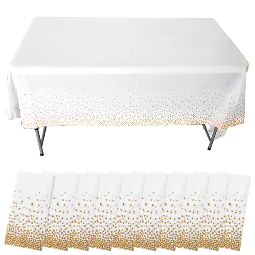 10 Stück Einweg Tischdecke Weiß mit Gold Gepunktete, Kunststoff Tischdecke 137 x 274 cm, Einwegtischdecken Wasserdicht, Rechteckig Tischdecken Wasserfeste Tischdecken für Geburtstag, Party, Hochzeit von LDHHYH