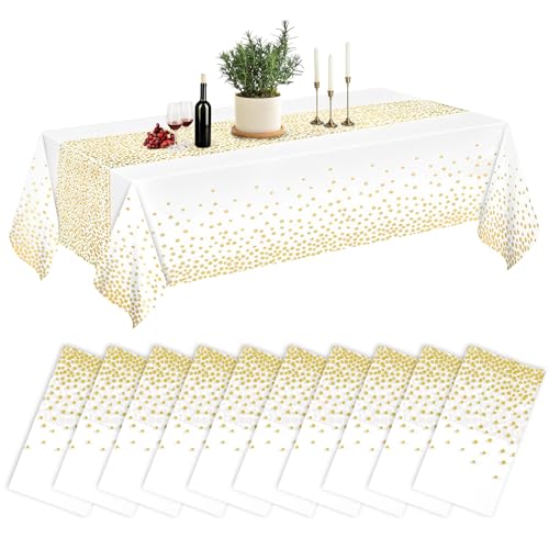 10 Stück Weiß Einweg Tischdecke, 137 x 274 cm Kunststoff Tischdecke mit Gold Gepunktete Gartentischdecken, Kunststoff Wasserabweisend Tischdecke, Rechteckig Tischtuch für Geburtstag, Party, Hochzeit 10 Stück Weiß Einweg Tischdecke, 137 x 274 cm Kunststoff Tischdecke mit Gold Gepunktete Gartentischdecken, Kunststoff Wasserabweisend Tischdecke, Rechteckig Tischtuch für Geburtstag, Party, Hochzeit von LDHHYH