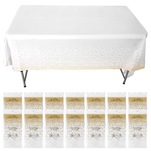 15 Stück Weiß Einweg Tischdecke, 137 x 274 cm Kunststoff Tischdecke mit Gold Gepunktete Gartentischdecken, Kunststoff Wasserabweisend Tischdecke, Rechteckig Tischtuch für Geburtstag, Party, Hochzeit 15 Stück Weiß Einweg Tischdecke, 137 x 274 cm Kunststoff Tischdecke mit Gold Gepunktete Gartentischdecken, Kunststoff Wasserabweisend Tischdecke, Rechteckig Tischtuch für Geburtstag, Party, Hochzeit von LDHHYH