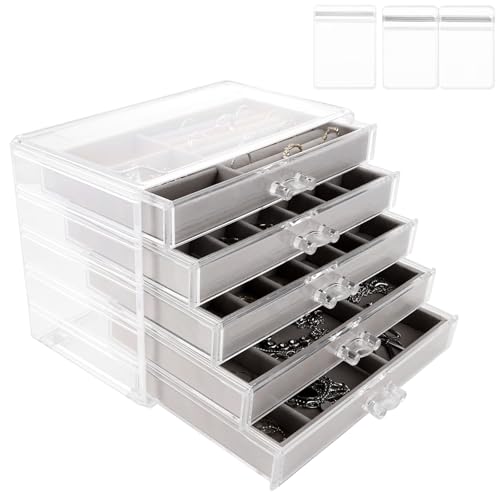 LDXDRU Acryl Schmuck Organizers mit 40 Packsack Schmuckkästchen für Damen, Grau Schmuckschatulle mit 5 Schubladen, Samt Schmuckaufbewahrung Schublade für Ohrringe, Ringe, Halsketten, Armbänder LDXDRU Acryl Schmuck Organizers mit 40 Packsack Schmuckkästchen für Damen, Grau Schmuckschatulle mit 5 Schubladen, Samt Schmuckaufbewahrung Schublade für Ohrringe, Ringe, Halsketten, Armbänder von LDXDRU