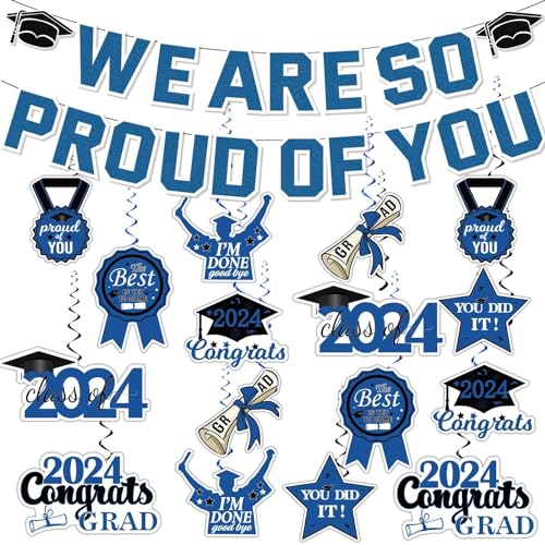 LDadgf 2024 Blaue Abschlussparty-Dekorationen „Wir sind stolz auf Sie“, Abschlussbanner und Glückwünsche, Absolventen, hängende Wirbel, College-Abschlussdekoration, 2024-Partyzubehör (Blue, One Size) von LDadgf