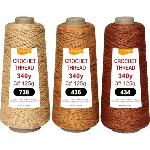 3 Kegel insgesamt 375 g, Häkelgarn Größe 3, 100 % Baumwollgarn (738–436–434) von LE PAON